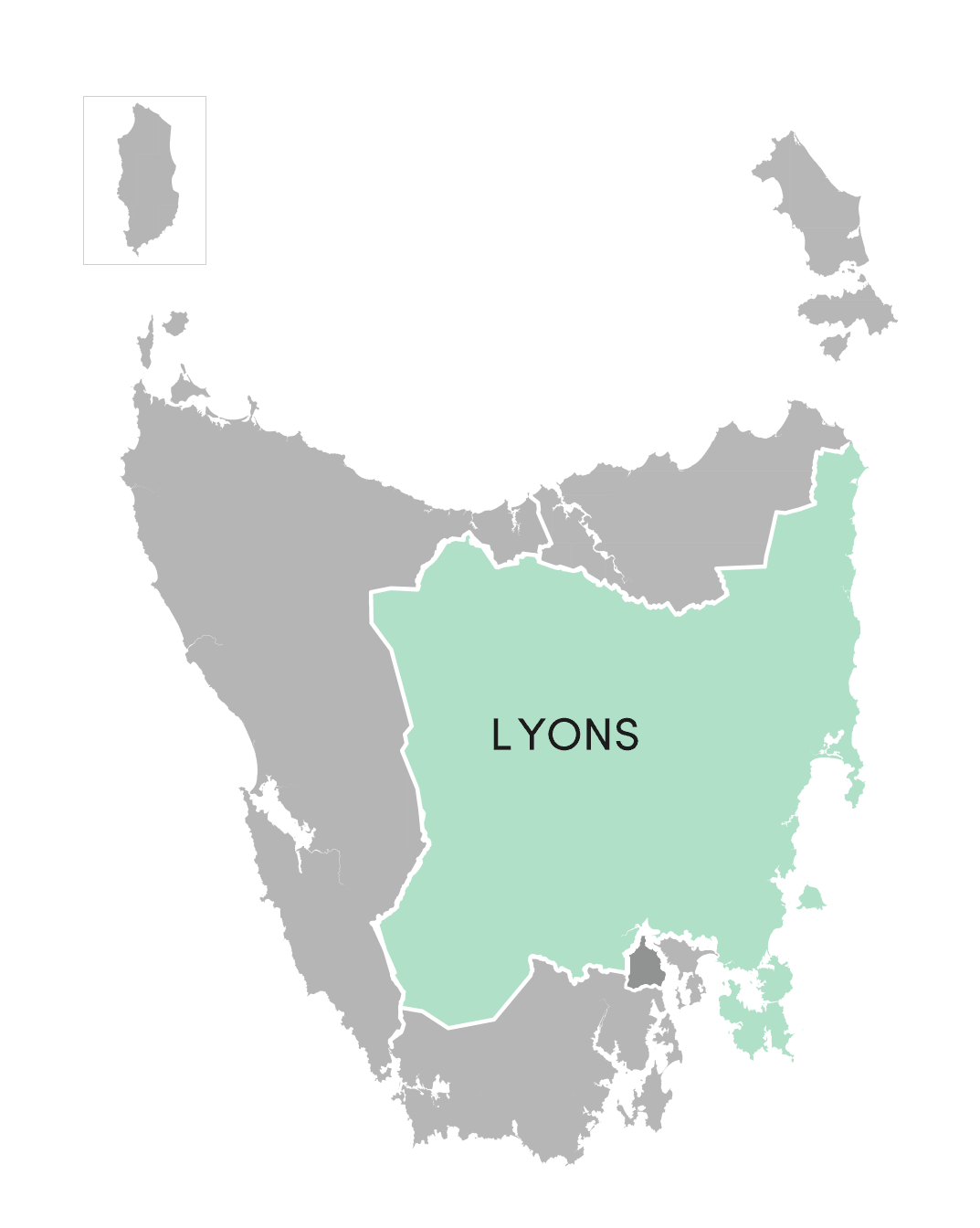 Lyons division highlighted on illustrated map of Tasmania