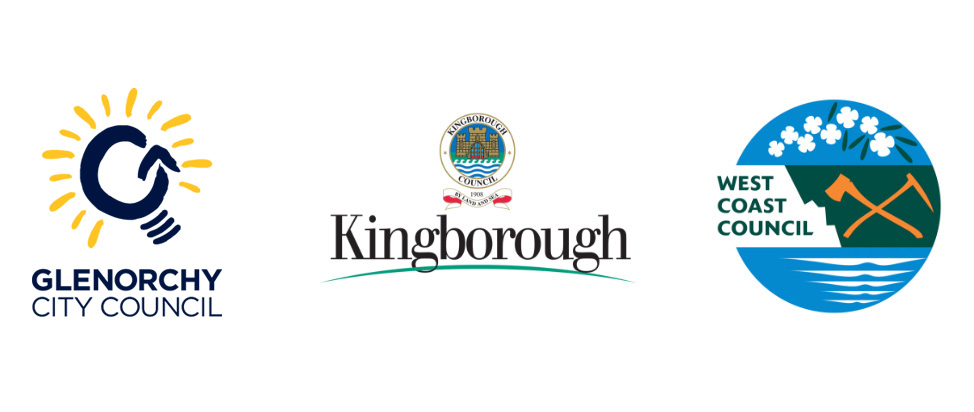 Three council logos - Glenorchy City Council, Kingborough Council, and West Coast Council.